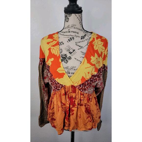 Free People Babydoll Boho Top SZ S Aloha State of Mind Patchwork Festival Hippie - Picture 3 of 11
